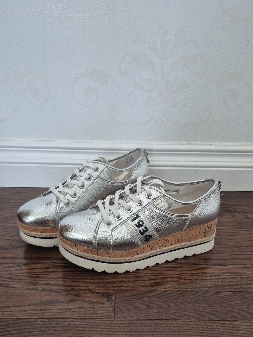 Disney-Call It Spring Metallic Silver Platform Sneakers with Cork Sole